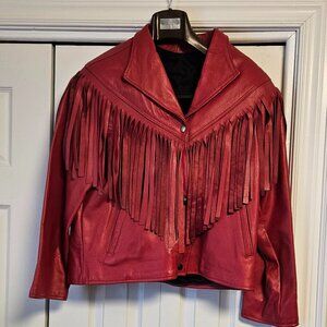 Vintage Handcrafted Red Leather Jacket with Fringe – One of a Kind